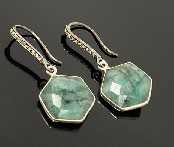 Genuine Emerald Earrings, Pave Diamond Earrings, Sterling Silver Gemstone Earrings, Gifts for Her