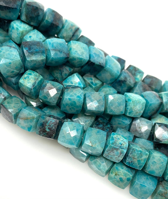 Natural Chrysocolla Gemstone Beads, Chrysocolla 3D Cube Box Beads, Wholesale Bulk Beads, Jewelry Supplies, 7mm -8mm, 8” strand