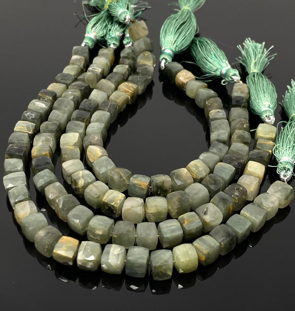 Cats Eye Gemstone Beads, Natural Chrysoberyl Green Cats Eye Beads, 3D Cube Box Beads, Bulk Wholesale Beads, Jewelry Supplies, 8