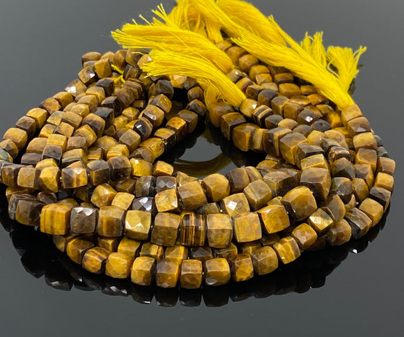 Natural Tiger Eye Gemstone Beads, Tigers Eye Faceted 3D Cube Box Beads, Bulk Wholesale Beads, Jewelry Supplies, 9