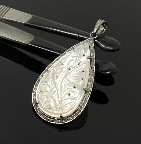 Mother of Pearl Pave Diamond Pendant, Natural Gemstone Pendant, Nacre Pendant, Sterling Silver Jewelry Gifts for Her, 1.85”x1”