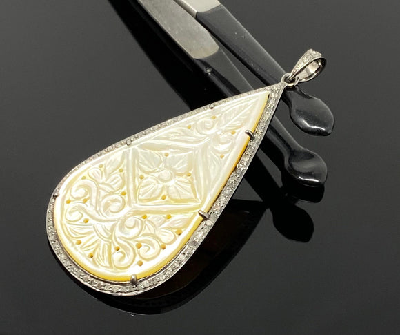 Mother of Pearl Pave Diamond Pendant, Natural Gemstone Pendant, Nacre Pendant, Sterling Silver Jewelry Gifts for Her, 2.5”x1.25”