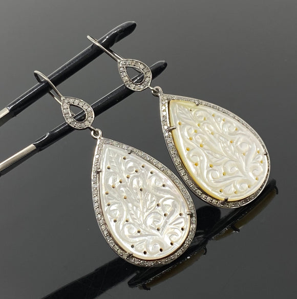Mother of Pearl Pave Diamond Earrings, Natural Gemstone Nacre Earrings, Sterling Silver Jewelry Gifts for Her, 2.5”x1”