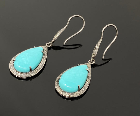 Natural Sleeping Beauty Turquoise Earrings, Pave Diamond Earrings, Sterling Silver Gemstone Earrings, Robin Egg Turquoise Earring, 2”x0.65”