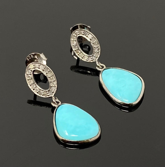 Natural Sleeping Beauty Turquoise Earrings, Pave Diamond Earrings, Victorian Gemstone Earrings, Robin Egg Turquoise, 1.15” x 0.50”