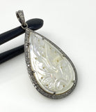 Mother of Pearl Pave Diamond Pendant, Natural Gemstone Pendant, Nacre Pendant, Sterling Silver Jewelry Gifts for Her, 1.85”x1”