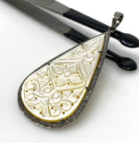 Mother of Pearl Pave Diamond Pendant, Natural Gemstone Pendant, Nacre Pendant, Sterling Silver Jewelry Gifts for Her, 2.5”x1.25”