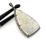 Mother of Pearl Pave Diamond Pendant, Natural Gemstone Pendant, Nacre Pendant, Sterling Silver Jewelry Gifts for Her, 2.35”x1.15”