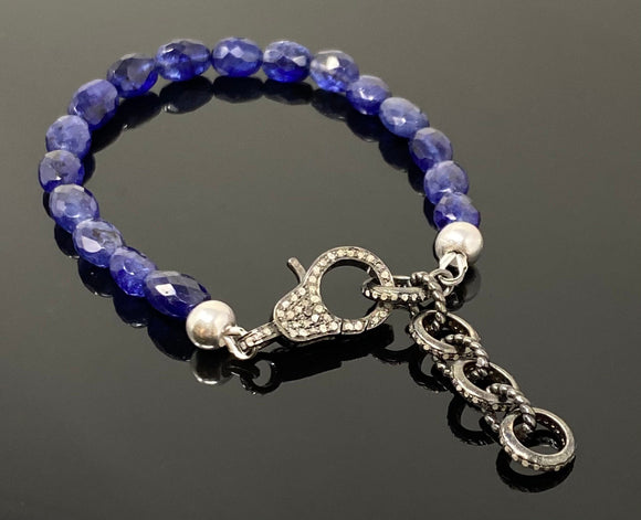Natural Blue Sapphire Gemstone Bracelet, Pave Diamond Adjustable Bracelet, Sapphire Jewelry, September Birthstone Jewelry