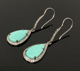 Natural Sleeping Beauty Turquoise Earrings, Pave Diamond Earrings, Sterling Silver Gemstone Earrings, Robin Egg Turquoise Earring, 2”x0.55”
