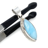 Natural Larimar Gemstone Pendant, Bohemian Jewelry, Sterling Silver Pendant, Gifts for Her, 1.45” x 0.50”