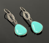 Natural Sleeping Beauty Turquoise Earrings, Pave Diamond Earrings, Victorian Gemstone Earrings, Robin Egg Turquoise, 1.65” x 1.50”