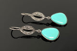 Natural Sleeping Beauty Turquoise Earrings, Pave Diamond Earrings, Victorian Gemstone Earrings, Robin Egg Turquoise, 1.65” x 1.50”