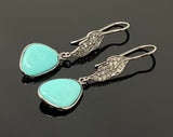 Natural Sleeping Beauty Turquoise Earrings, Pave Diamond Earrings, Victorian Gemstone Earrings, Robin Egg Turquoise, 1.65” x 0.50”
