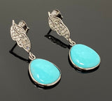 Natural Sleeping Beauty Turquoise Earrings, Pave Diamond Earrings, Victorian Gemstone Earrings, Robin Egg Turquoise, 1.35” x 0.50”
