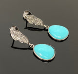 Natural Sleeping Beauty Turquoise Earrings, Pave Diamond Earrings, Victorian Gemstone Earrings, Robin Egg Turquoise, 1.35” x 0.50”