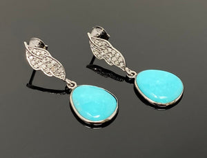 Natural Sleeping Beauty Turquoise Earrings, Pave Diamond Earrings, Victorian Gemstone Earrings, Robin Egg Turquoise, 1.35” x 0.50”