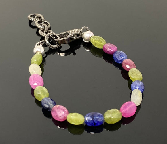 Genuine Multi Sapphire Gemstone Bracelet, Pave Diamond Adjustable Bracelet, Sapphire Jewelry, Gifts for Her