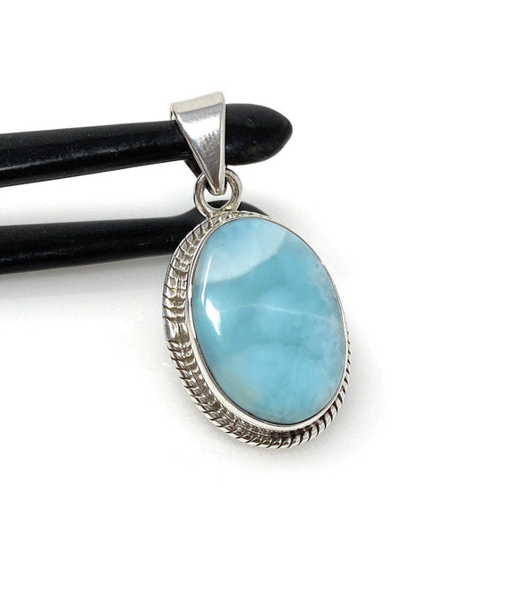 Natural Larimar Gemstone Pendant, Bohemian Jewelry, Sterling Silver Pendant, Gifts for Her, 1.50” x 0.75”