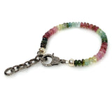 Genuine Multi Tourmaline Gemstone Bracelet, Pave Diamond Adjustable Bracelet, Tourmaline Jewelry, Gifts for Her
