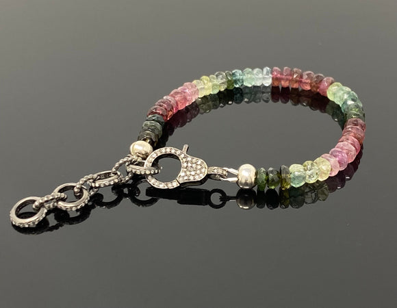 Genuine Multi Tourmaline Gemstone Bracelet, Pave Diamond Adjustable Bracelet, Tourmaline Jewelry, Gifts for Her