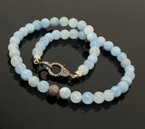Smooth round Aquamarine gemstone beads with pave diamond bead and  lobster clasp