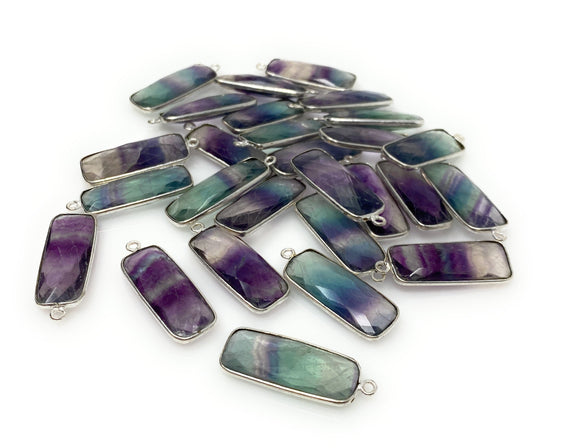 8 Pcs/ 10 Pcs Fluorite Charms, Gemstone Charms, Silver Plated Fluorite Bar Charms, Jewelry Supplies, 27.5x10mm - 29x10.5mm