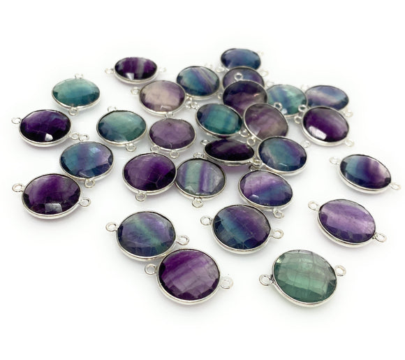 7 Pcs Fluorite Connectors, Gemstone Connectors, Silver Plated Jewelry Findings, Jewelry Supplies, 21.5mm x 15.5mm