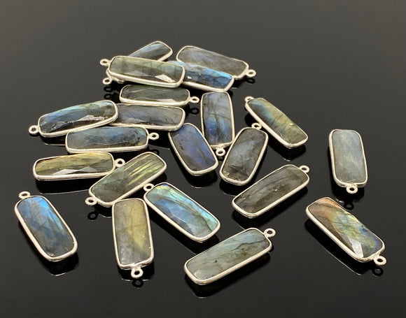 10 Pcs/ 11 Pcs Labradorite Gemstone Charms, Sterling Plated Bulk Charms, Wholesale Jewelry Findings, 28x9.5mm - 29.5x11mm