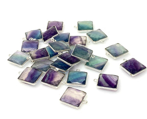 5Pcs/ 10 Pcs Fluorite Charms, Briolette Gemstone Charms, Silver Plated Jewelry Findings, Jewelry Supplies, 18x15mm - 18.5x15.5mm