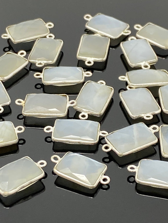 6 Pcs White Moonstone Connectors, Gemstone Connectors, Silver Plated Jewelry Findings, Jewelry Supplies, 21x11mm - 22x11.5mm