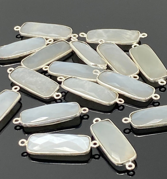 8 Pcs White Moonstone Connectors, Bar Gemstone Connectors, Silver Plated Jewelry Findings, Jewelry Supplies, 31x10.5mm - 32x11mm