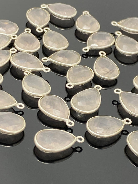 10 Pcs Rose Quartz Charms, Silver Plated Gemstone Charms, Wholesale Bulk Jewelry Supplies, 18x11mm - 19x11mm