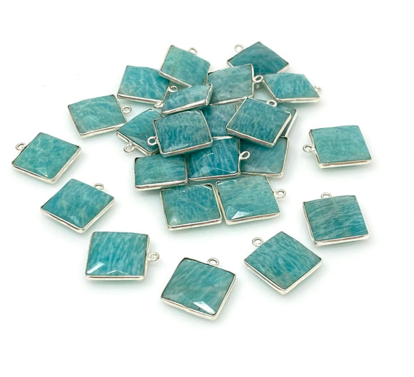 6 Pcs Natural Amazonite Gemstone Charms, Silver Plated Charms, Bulk Jewelry Supplies, Wholesale Jewelry Findings