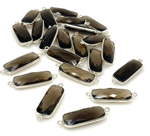 11 Pcs Smokey Quartz Connectors, Silver Plated Bar Gemstone Connectors, Wholesale Jewelry Findings forJewelry Making