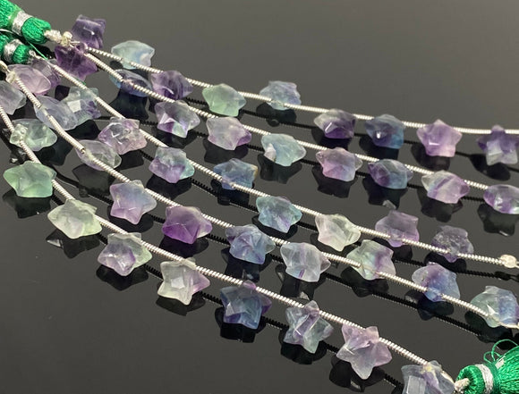 10mm Natural Multi Fluorite Gemstone Beads, Hand Carved Star Beads, Wholesale Bulk Beads, 5” Strand/ 10 Beads