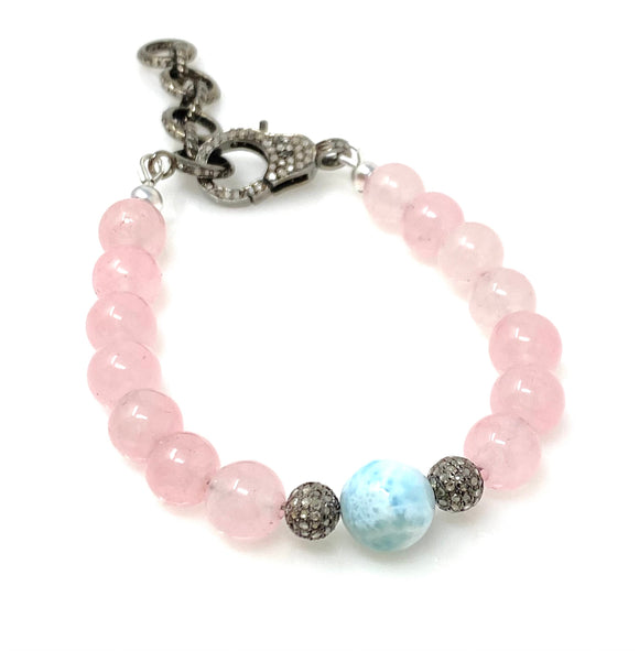 Natural Larimar and Rose Quartz Gemstone Bracelet, Pave Diamond Adjustable Bracelet, AAA Grade, Gifts for Her