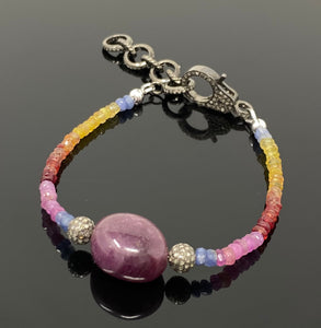Natural Ruby and Sapphire Pave Diamond Bracelet, Adjustable Multi Precious Gemstone Bracelet, Jewelry Gifts for Her