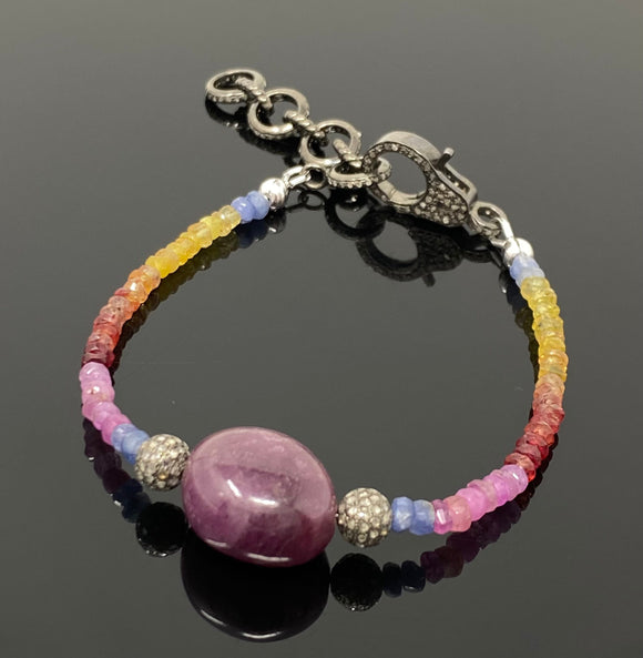 Natural Ruby and Sapphire Pave Diamond Bracelet, Adjustable Multi Precious Gemstone Bracelet, Jewelry Gifts for Her