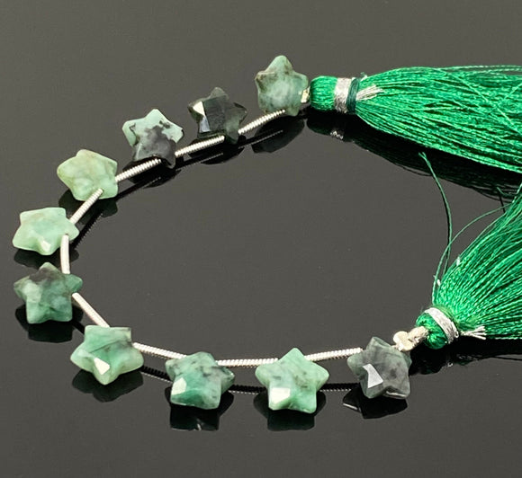 Emerald Gemstone Beads, Natural Emerald Hand Carved Star Beads, Jewelry Supplies, Wholesale Bulk Beads, 5” Strand/ 10 Beads, 10mm