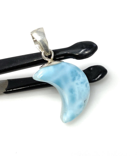 Larimar Moon Pendant, Sterling Silver Pendant, Bohemian Jewelry, Hand Carved Half Moon Larimar Pendant