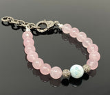 Natural Larimar and Rose Quartz Gemstone Bracelet, Pave Diamond Adjustable Bracelet, AAA Grade, Gifts for Her