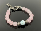Natural Larimar and Rose Quartz Gemstone Bracelet, Pave Diamond Adjustable Bracelet, AAA Grade, Gifts for Her