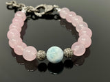 Natural Larimar and Rose Quartz Gemstone Bracelet, Pave Diamond Adjustable Bracelet, AAA Grade, Gifts for Her