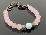 Natural Larimar and Rose Quartz Gemstone Bracelet, Pave Diamond Adjustable Bracelet, AAA Grade, Gifts for Her