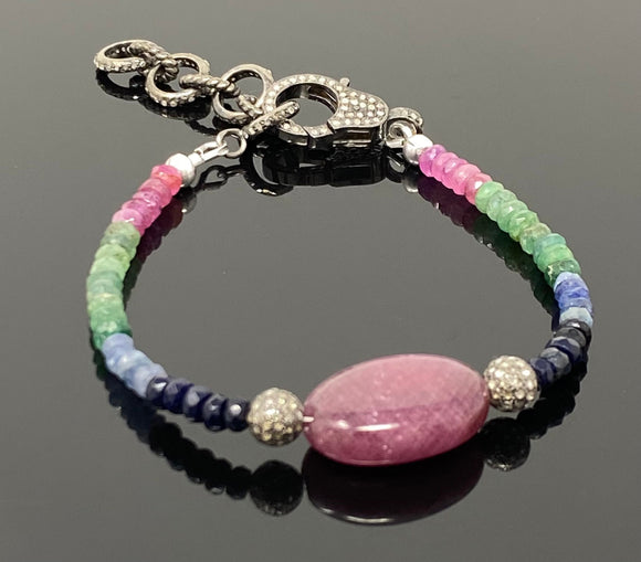 Natural Ruby, Emerald and Sapphire Pave Diamond Bracelet, Adjustable Multi Precious Gemstone Bracelet, Jewelry Gifts for Her