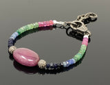 Natural Ruby, Emerald and Sapphire Pave Diamond Bracelet, Adjustable Multi Precious Gemstone Bracelet, Jewelry Gifts for Her