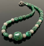 16.25” Genuine Zambian Emerald Nugget Necklace with Pave Diamond Beads and Clasp, Natural Emerald Necklace