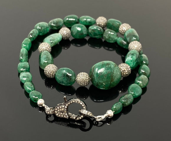 16.25” Genuine Zambian Emerald Pave Diamond Necklace, Spiritual Healing Gemstone Jewelry, Heart Chakra Crystal Jewelry, May Birthstone Gift