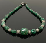 16.25” Genuine Zambian Emerald Nugget Necklace with Pave Diamond Beads and Clasp, Natural Emerald Necklace